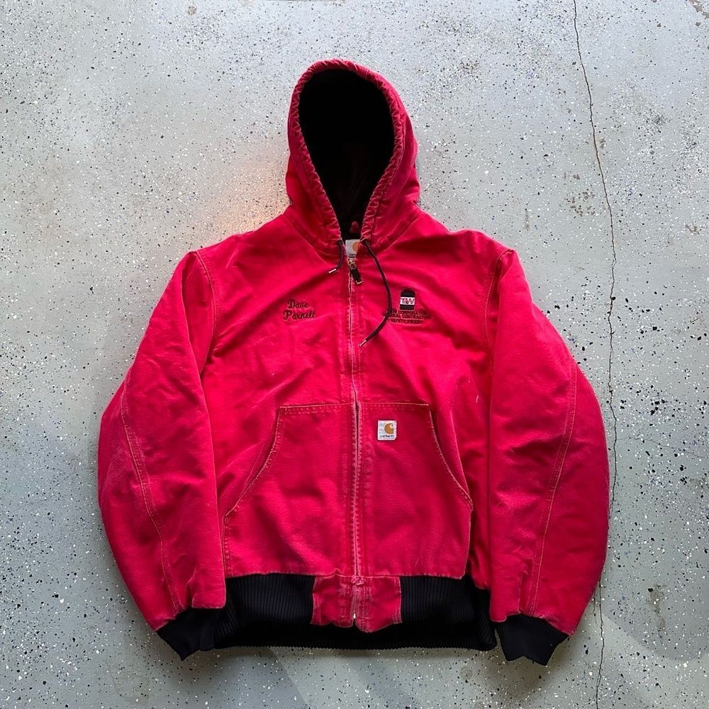 Carhartt VTG 90s Red Bomber Hooded Canvas Work Jacket Large